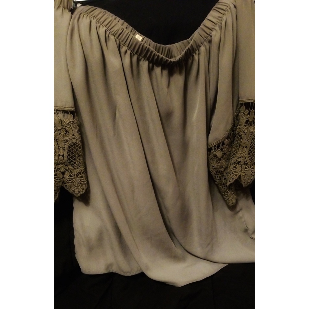 Olive Green Lace Sleeve Off The Shoulder Shirt